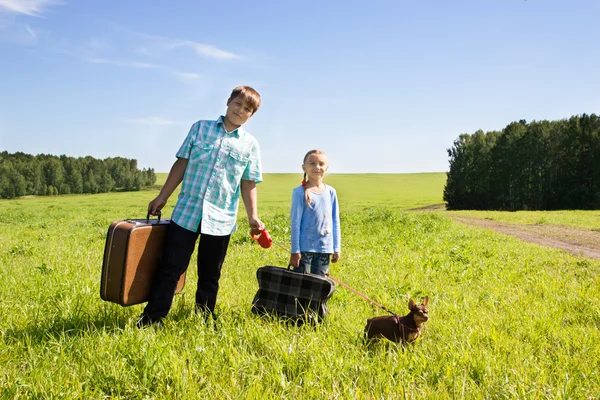 Cute girl and boy with dog  on road — Stock Photo, Image