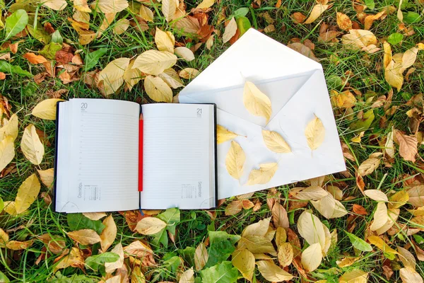 Pen sitting on the notebook with  autumn leaves — Stock Photo, Image