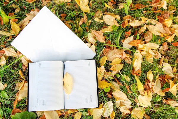 Notebook  on autumn leafs — Stock Photo, Image