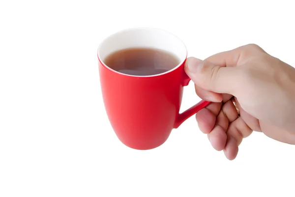 Mão segurar caneca vermelha . — Fotografia de Stock