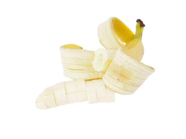 En flok modne bananer på hvid baggrund. isolat - Stock-foto