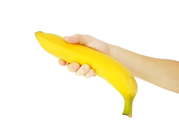 Banana madura na mão menino, isolado — Fotografia de Stock