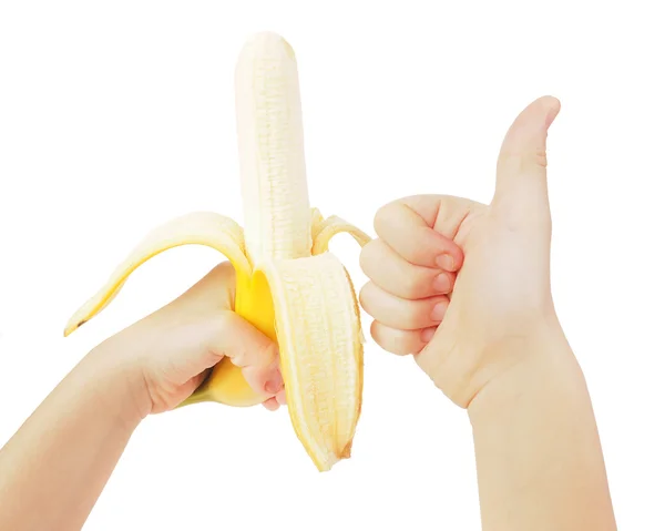 Banana madura na mão menino, isolado — Fotografia de Stock