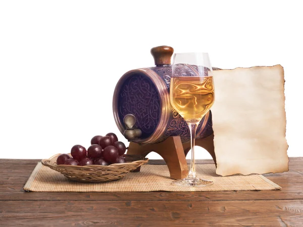 Gammalt papper för text, glas vin, fat på en vit bakgrund — Stockfoto