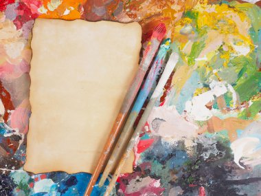  Fırça ve kağıt üzerinde yağlı-boya palet arka planı için 