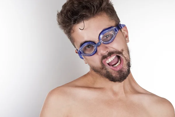 Homem bigode com óculos para nadar Fotografia De Stock