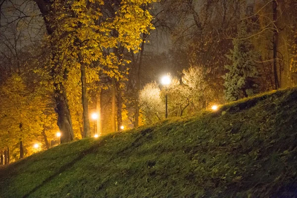 deserted city park with glowing lanterns in the evening