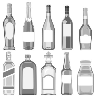 Bir dizi farklı içecekler cam şişeler. Vektör illustratio