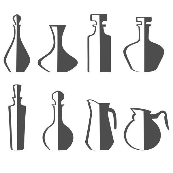 Vector illustration of set of eight decanters of various drinks. Stock Vector