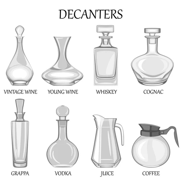 Vector illustration of set of eight decanters of various drinks. Vector Graphics