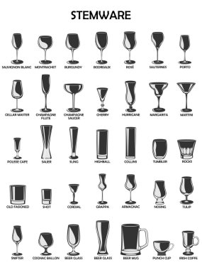 Stemware ayarla, beyaz bir arka plan üzerinde illüstrasyon vektör. Bir toplamak