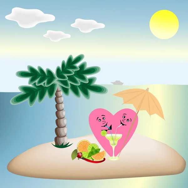 Sevgi kalpleri tatile sahilde bir palmiye ağacının altında oturan bir