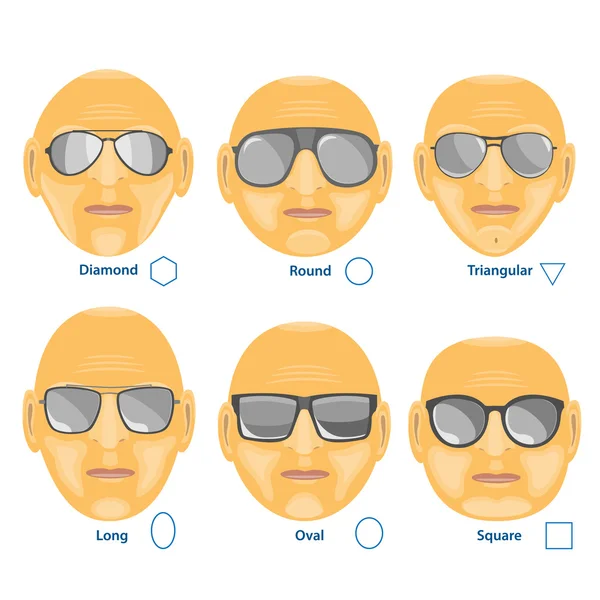 Farklı yüz için güneş gözlüğü. Altı form kümesi.