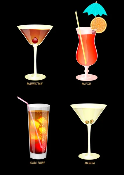 Illustration of popular cocktails on a dark background. — Stock Vector