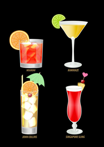 illustration of popular cocktails on a dark background.The cockt