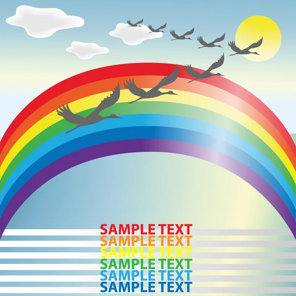 Ein Storchenschwarm, der auf einem Regenbogenhintergrund zwischen den Wolken fliegt — Stockvektor