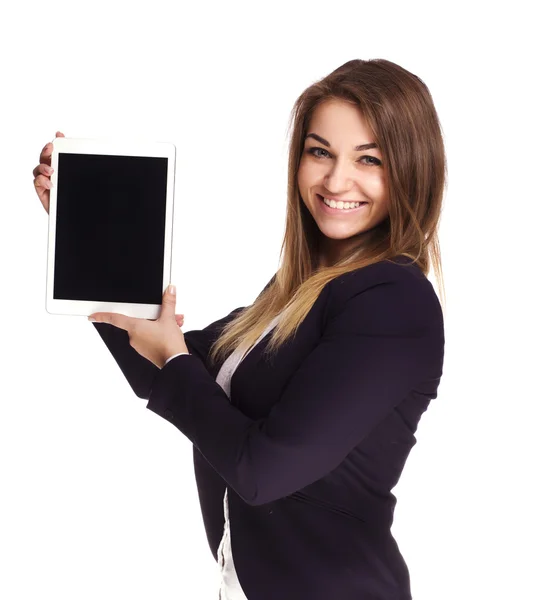 Hermosa chica en un traje de negocios sosteniendo una tableta — Foto de Stock
