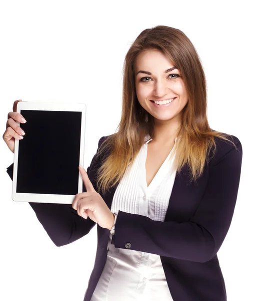 Hermosa chica en un traje de negocios sosteniendo una tableta — Foto de Stock