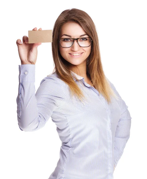 Chica con gafas tiene una tarjeta de visita — Foto de Stock