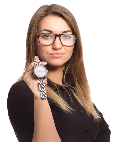 La chica con un reloj en la mano — Foto de Stock
