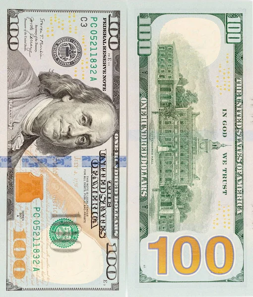New one hundred US dollars bill, American 100 dollar. American Dollars Cash Money. Vertical shot