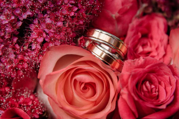 Bagues de mariage en or couché sur une rose rouge vif. Anneaux de mariage designer — Photo