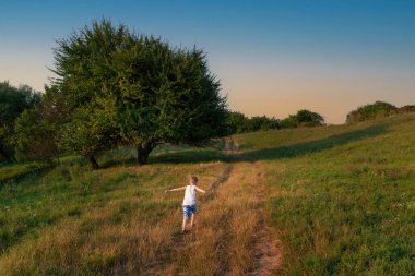Küçük mutlu bir çocuk çayırda koşuyor. Çocuk eğleniyor ve dışarıda oynuyor. Çocuk elleri uçak kanatları gibi ayrık koşuyor. Özgürlük ve çocukluk kavramı