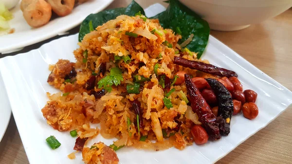 Spicy Salad Curried Rice Croquettes Fermented Pork Ginger Dry Chili — Stock Photo, Image