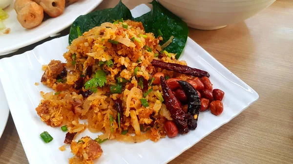 Spicy Salad Curried Rice Croquettes Fermented Pork Ginger Dry Chili — Stock Photo, Image