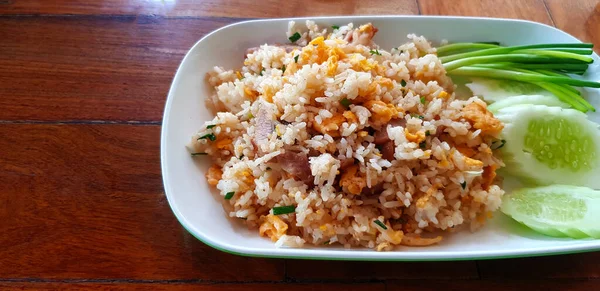 Thai Fried Rice Pork Fresh Vegetable Slices Cucumber Spring Onions — Stock Photo, Image