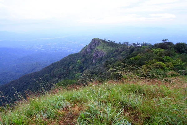 Tepesinde Dağ Gökyüzü Arkaplanı Olan Yeşil Çimen Tarlası Doi Luang — Stok fotoğraf