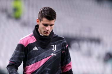 Torino, İtalya. 22 Aralık 2020. Juventus Fc takımından Alvaro Morata UEFA Şampiyonlar Ligi G Grubu karşılaşmasında Juventus FC ve Dinamo Kyiv arasında oynanan karşılaşmada.