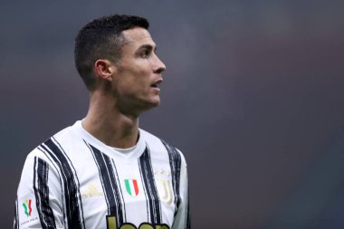 Milano, İtalya. 22. Fabruary 2021. Juventus Fc takımından Cristiano Ronaldo Coppa Italia yarı final maçında Fc Internazionale ve Juventus Fc..