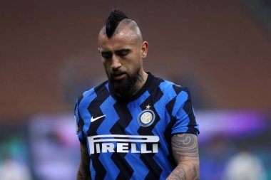 Milano, İtalya. 22. Fabruary 2021. Fc Internazionale 'den Arturo Vidal Coppa Italia yarı final ilk ayak maçında Fc Internazionale ve Juventus Fc.