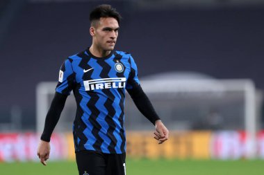 Torino, İtalya. 09. Piyade 2021. Fc Internazionale 'den Lautaro Martinez Coppa Italia yarı final maçında Juventus Fc ve Fc Internazionale arasında.