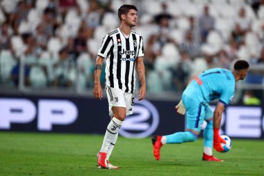 Torino, 14 Ağustos 2021. Juventus Fc 'ten Alvaro Morata Juventus Fc ve Atalanta Bergamasca Calcio arasındaki dostluk maçı sırasında .