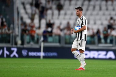Torino, 14 Ağustos 2021. Juventus Fc 'ten Alvaro Morata Juventus Fc ve Atalanta Bergamasca Calcio arasındaki dostluk maçı sırasında .