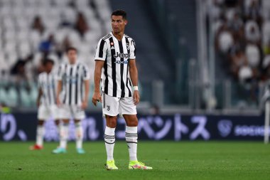 Torino, 14 Ağustos 2021. Juventus Fc 'ten Cristiano Ronaldo Juventus Fc ve Atalanta Bergamasca Calcio arasındaki dostluk maçı sırasında .
