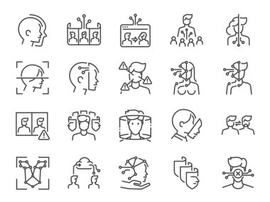 Derin sahte çizgi simgesi seti. Yüz, makine öğrenme, dijital, yapay zeka, derin sahteler ve daha fazlası olarak simgeleri içerdi.