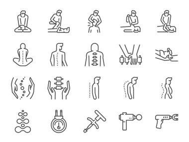 Kayropraktik çizgi simgesi seti. Kayropraktik, sprey tedavisi, masaj, Osteopath, Osteopati, eklem iyileşme ve daha fazlası olarak ikonları içerir..
