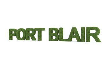 Beyaz arkaplanda yeşil çimlerin 3D yorumlanması PORT BLAIR sözcüğü izole