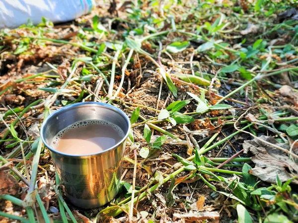 Bir tarlada yerde sıcak çayla dolu çelik çay fincanı.