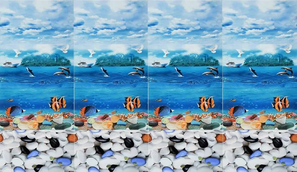 Su altı sualtı sahnesi, balıklar ve su sıçratan dikişsiz fayanslar dizayn etti.