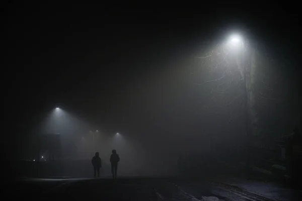 Inverni Urbani Scena Due Uomini Che Camminano Sotto Lampioni Condizioni — Foto Stock