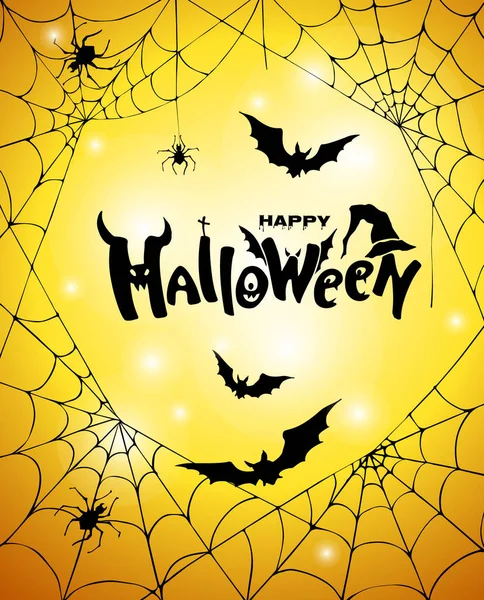 Buon Halloween Banner Festivo Con Ragnatela Pipistrelli Iscrizione Sfondo Arancione — Vettoriale Stock