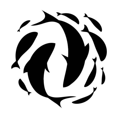 Balık sürüsü. Bir grup balık daire şeklinde yüzer. Logo balıkları. Vektör illüstrasyonu.