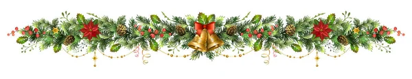 Lunga ghirlanda natalizia con campanelli d'oro, fiore di poinsettia e bacche rosse. — Vettoriale Stock