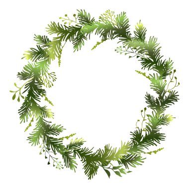 Noel çelengi ve şifalı bitkiler. Çam çelengi. Dekoratif unsur. Vektör illüstrasyonu.