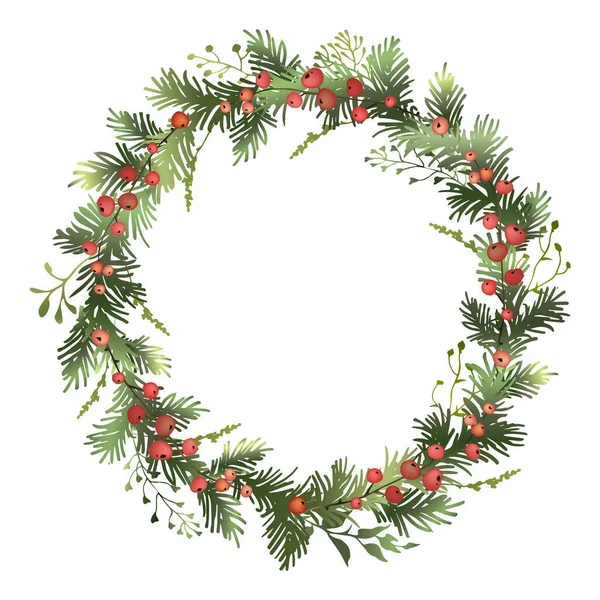 Christmas Spruce Wreath Red Berries Pine Wreath Decorative Element Vector — Stock Vector