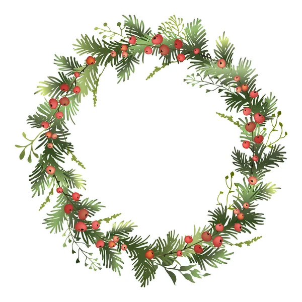 Kırmızı böğürtlenli Noel çelengi. Çam çelengi. Dekoratif unsur. Vektör illüstrasyonu.